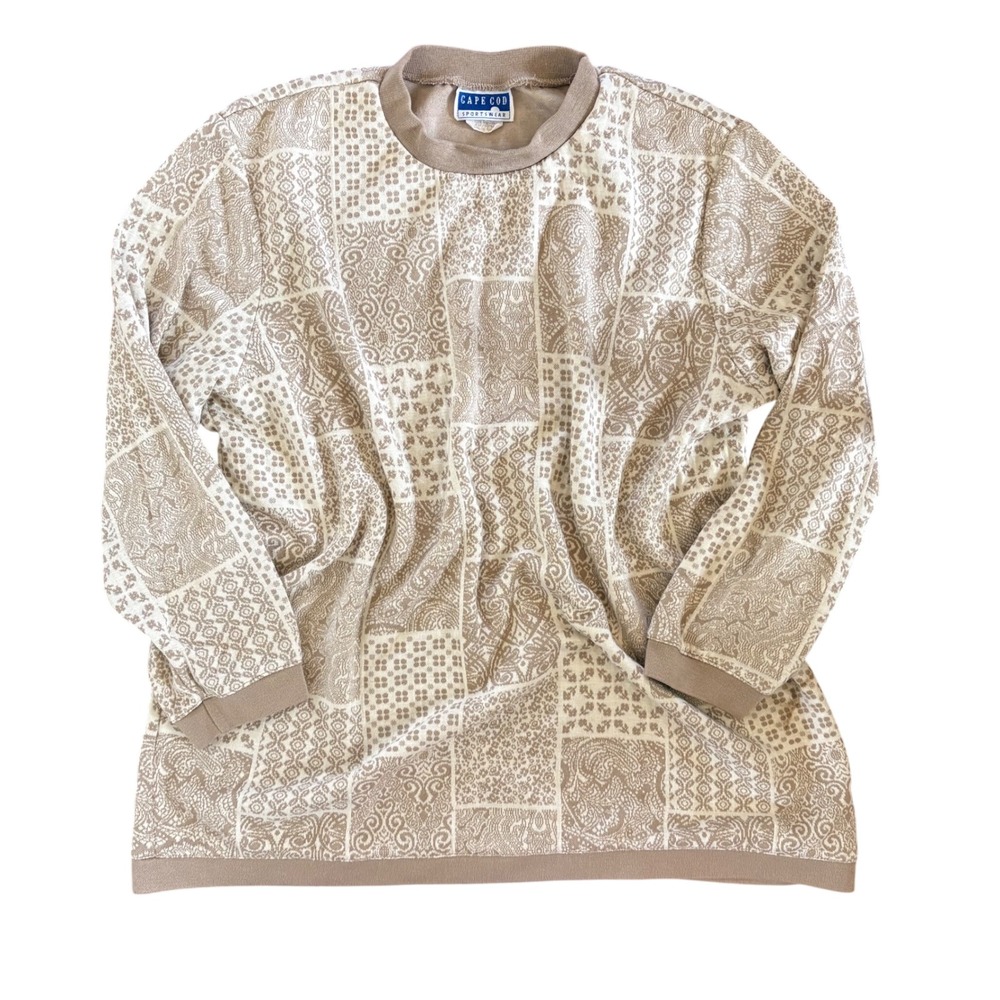 Vintage Cape Cod Patchwork Knit Crewneck Sweater Floral Pattern Oversized XL‎